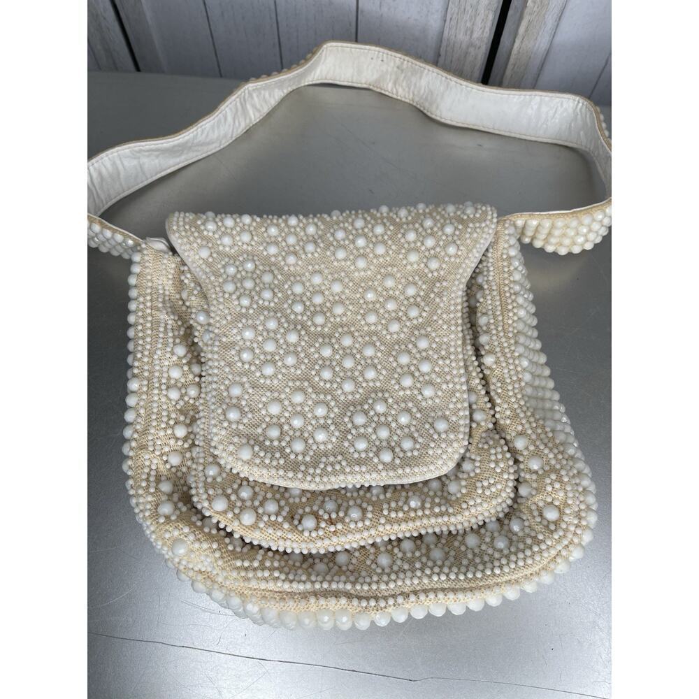 Vintage 60s 70s Corde-Bead White Cream Ivory Beaded Purse Textured Pearl Bag